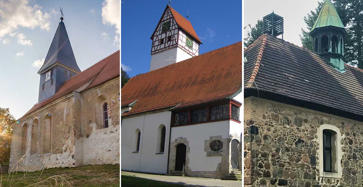 Kirche des Jahres 2024: (v.l.n.r.) Dorfkirche Selben, Martinskirche Zainingen, Dorfkirche Schweinitz