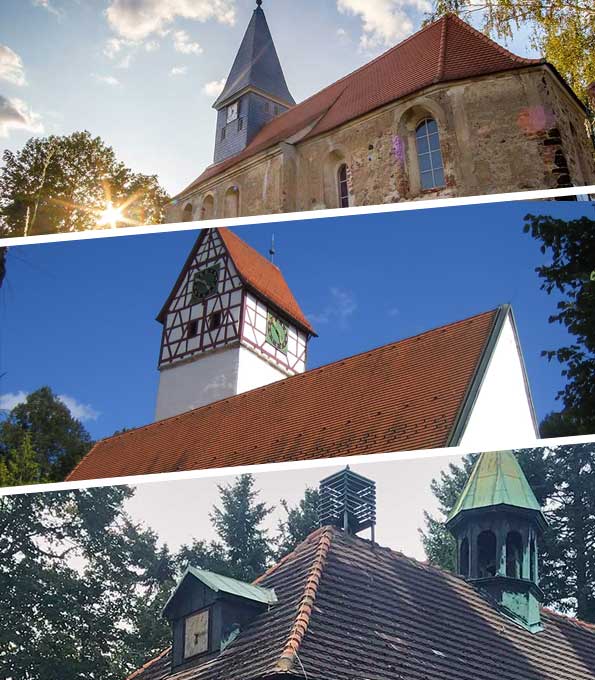 Kirche des Jahres 2024: (v.l.n.r.) Dorfkirche Selben, Martinskirche Zainingen, Dorfkirche Schweinitz